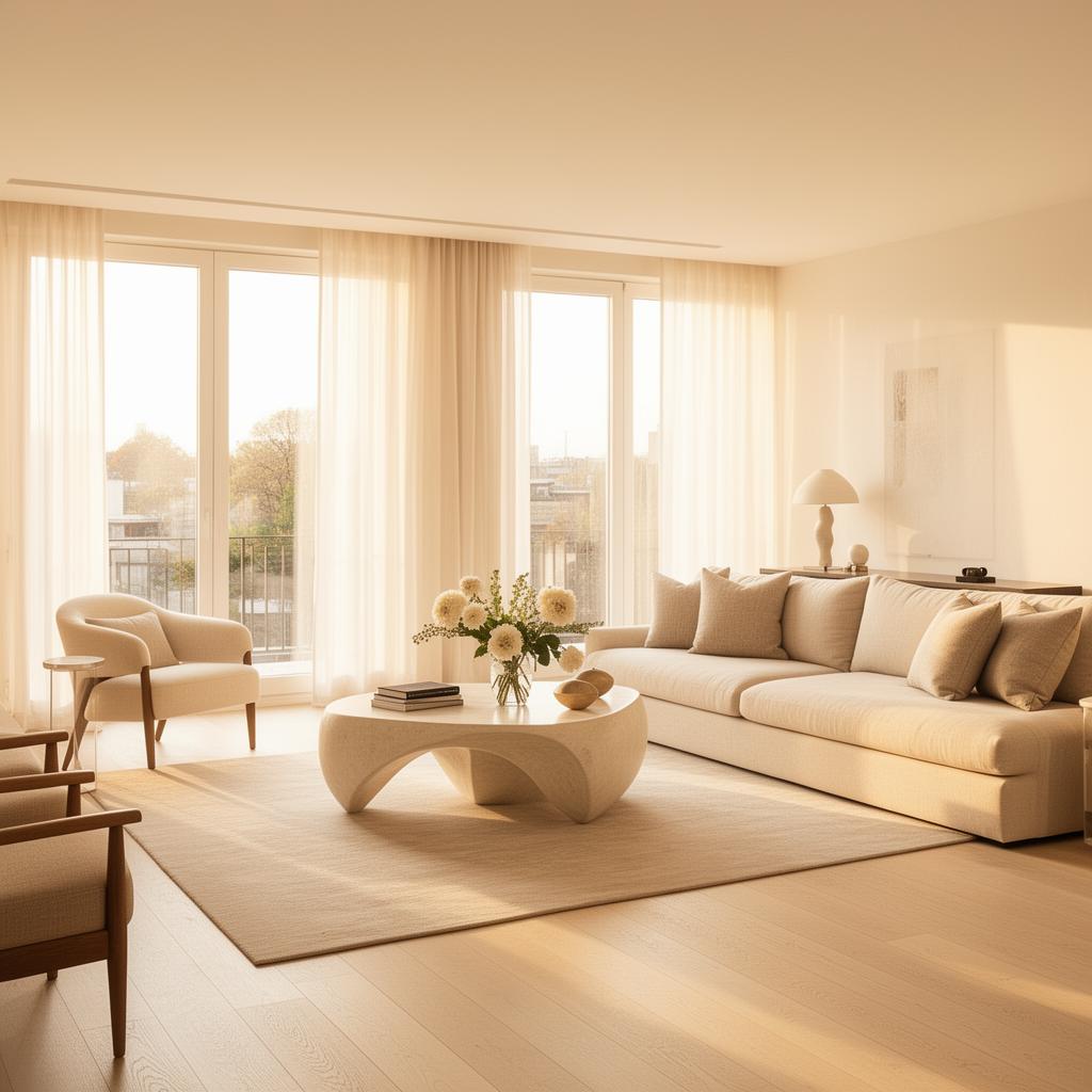 Staged residential living room with warm minimal furnishings